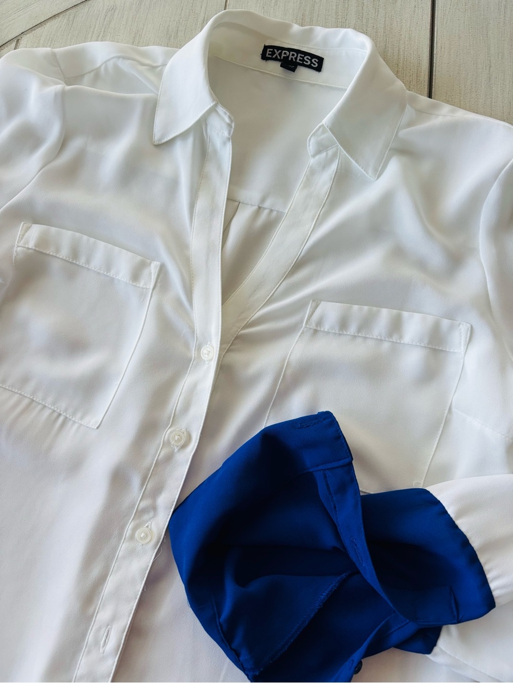Classic White Women's Blouse with Royal Blue Cuff Detail -  Small
